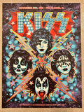 Kiss band members with colorful makeup on a starry background, featuring the band name 'Kiss'.