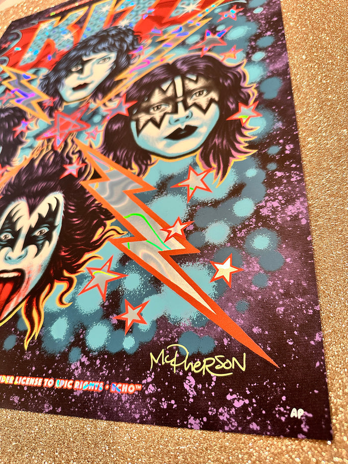 Colorful poster with KISS band members and a lightning bolt design on a glittery surface.