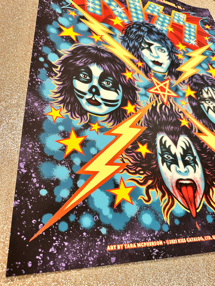 Colorful poster with stylized faces and lightning bolts on a dark background
