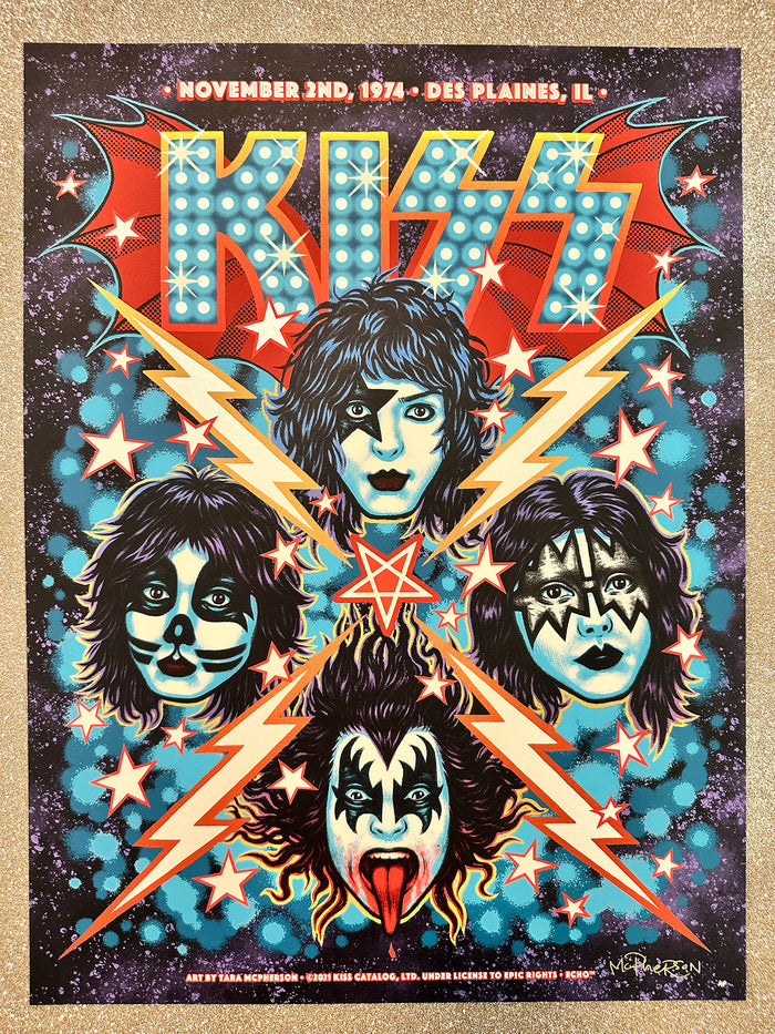 Rock Poster by Tara McPherson of the Band Kiss with lightning bolts and stars around the bandmates faces.