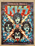 Rock Poster by Tara McPherson of the Band Kiss with lightning bolts and stars around the bandmates faces.