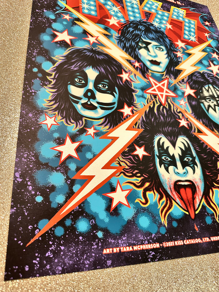 Poster with stylized faces and lightning bolts on a dark background