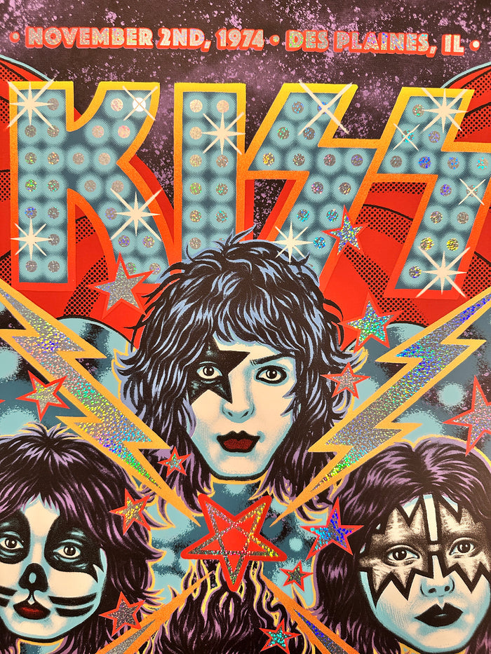 Vintage concert poster for Kiss featuring band members with colorful designs and text.