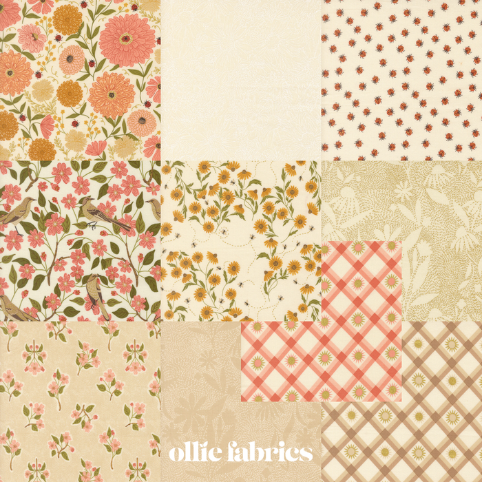 A collage of ten fabric pattern swatches in warm neutral beige and pinks and floral tones, including florals, ladybugs, birds, and plaid, with the text 'ollie fabrics' at the bottom.