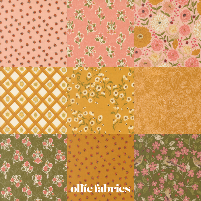 A 3x3 grid of fabric swatches in warm floral and geometric patterns, including pink, peach, mustard, olive green, and cream, with the text 'ollie fabrics' at the bottom.