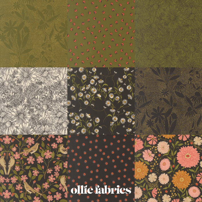A 3x3 grid of fabric swatches from Ollie Fabrics, showcasing various patterns including floral, botanical, and ladybug designs in olive green, black, pink, and beige tones.