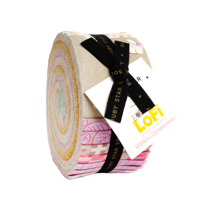 Roll of fabric with a colorful pattern and 'Ruby Star' label on a white background