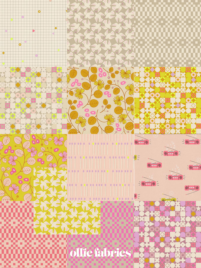A collage of multiple fabric pattern swatches in soft pastel and bright tones, including floral, check, grid, and striped designs. The text 'ollic fabrics' appears at the bottom.