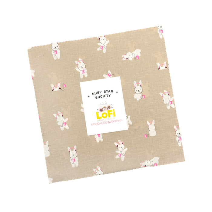 Fabric layer cake with bunny pattern and Ruby Star Society LoFi label on a white background