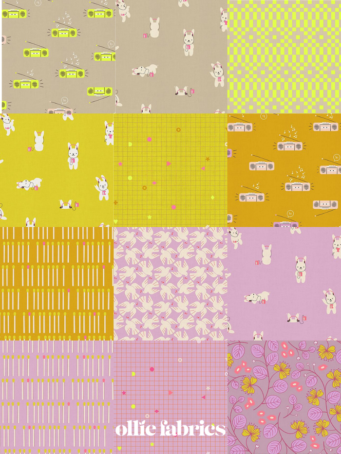 A collage of multiple fabric pattern swatches in soft pastel and bright tones, including floral, check, grid, and striped designs. The text 'ollic fabrics' appears at the bottom.