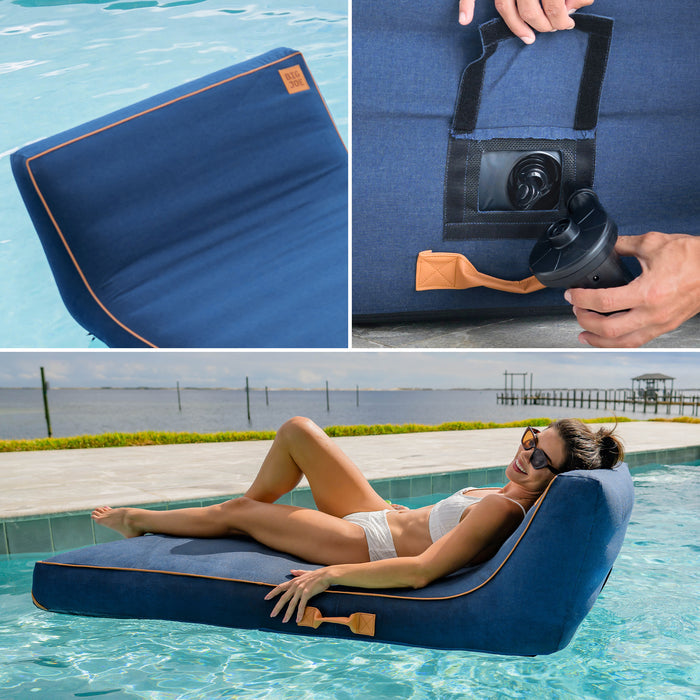 Collage of a blue inflatable pool lounge, being inflated, and a person relaxing on it by a pool. #color_harbor-blue-sunbrella-fabric