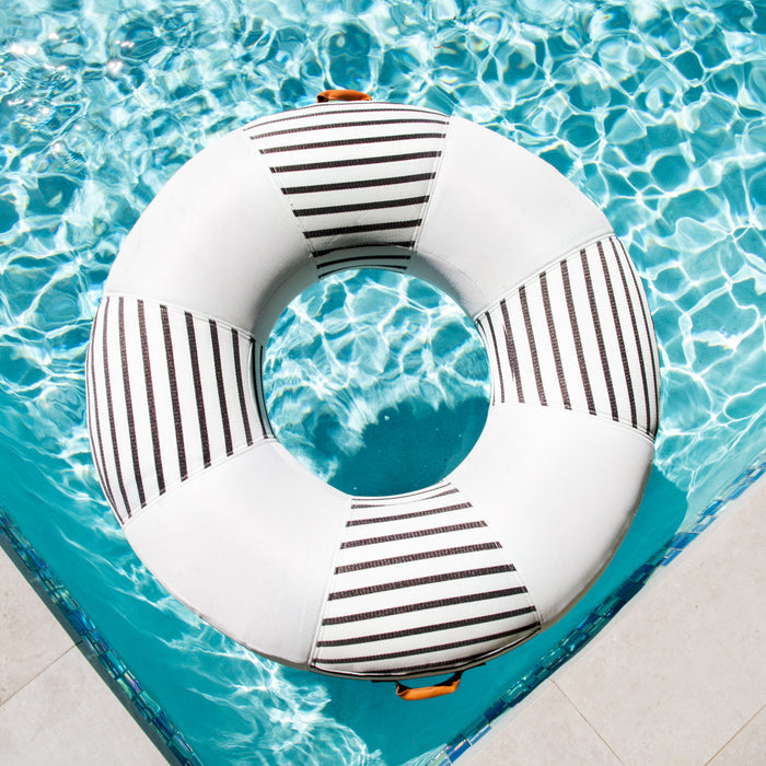 Luxury Pool Float Lux inflatable pool ring with fabric cover #color_black-and-white-cape-stripe