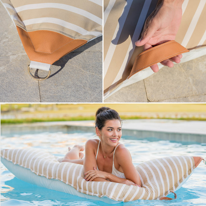 Collage of a striped inflatable pool float with a handle, held by a hand, and a woman lying on it in a pool. #color_sand-stripe-sunbrella-fabric