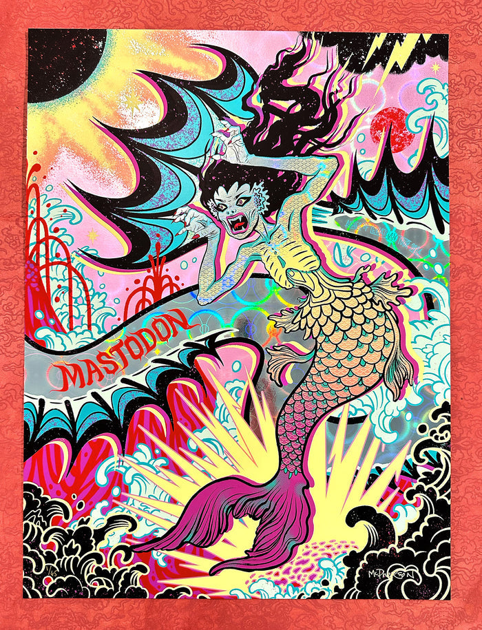 A colorful and vibrant art print featuring a fiji mermaid character with the band name mastodon, utilizing a silkscreen printing technique with holographic elements.
