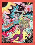 A colorful and vibrant art print featuring a fiji mermaid character with the band name mastodon, utilizing a silkscreen printing technique with holographic elements.