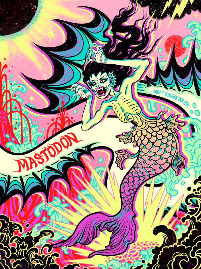 A colorful silkscreen artist edition concert poster featuring a fiji mermaid with tour details for Mastodon band.