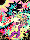 A colorful silkscreen artist edition concert poster featuring a fiji mermaid with tour details for Mastodon band.
