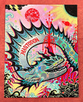 A colorful artist edition silkscreen print of a fantastical sea creature with a holographic foil finish, featuring bold patterns and a crescent moon in the background.
