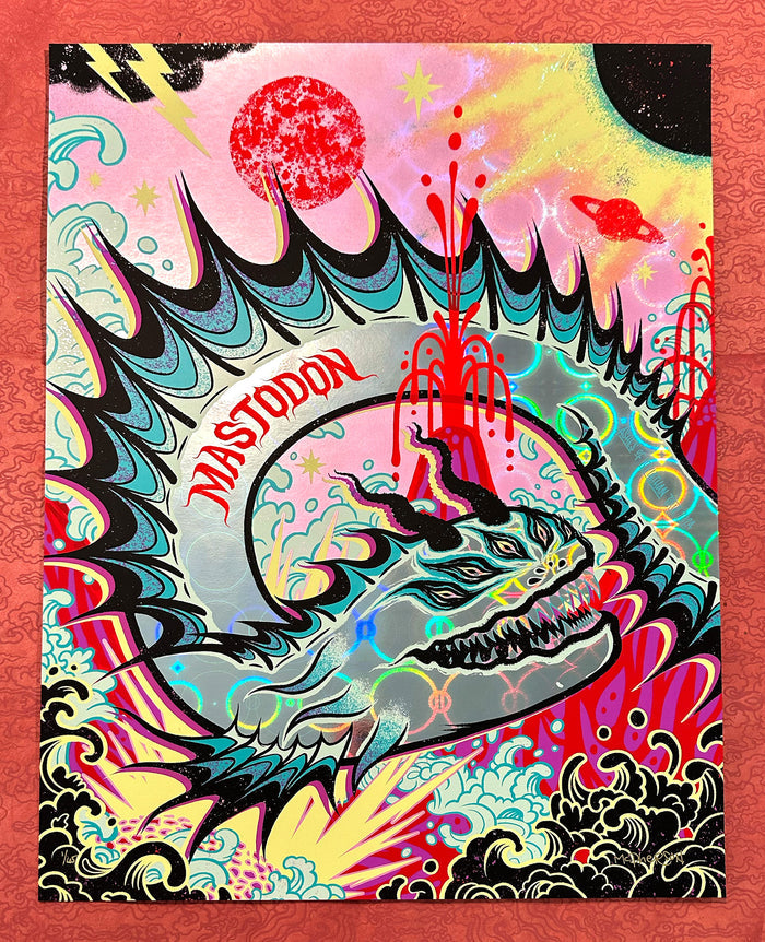 A colorful artist edition silkscreen print of a fantastical sea creature with a holographic foil finish, featuring bold patterns and a crescent moon in the background.