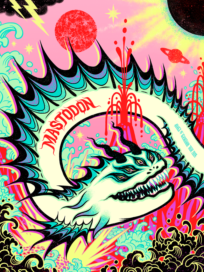 A colorful silkscreen art print featuring an illustration of a sea beast with tentacles, set against a vibrant background with stars, a red moon, and a figure in the distance.