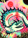 A colorful silkscreen art print featuring an illustration of a sea beast with tentacles, set against a vibrant background with stars, a red moon, and a figure in the distance.