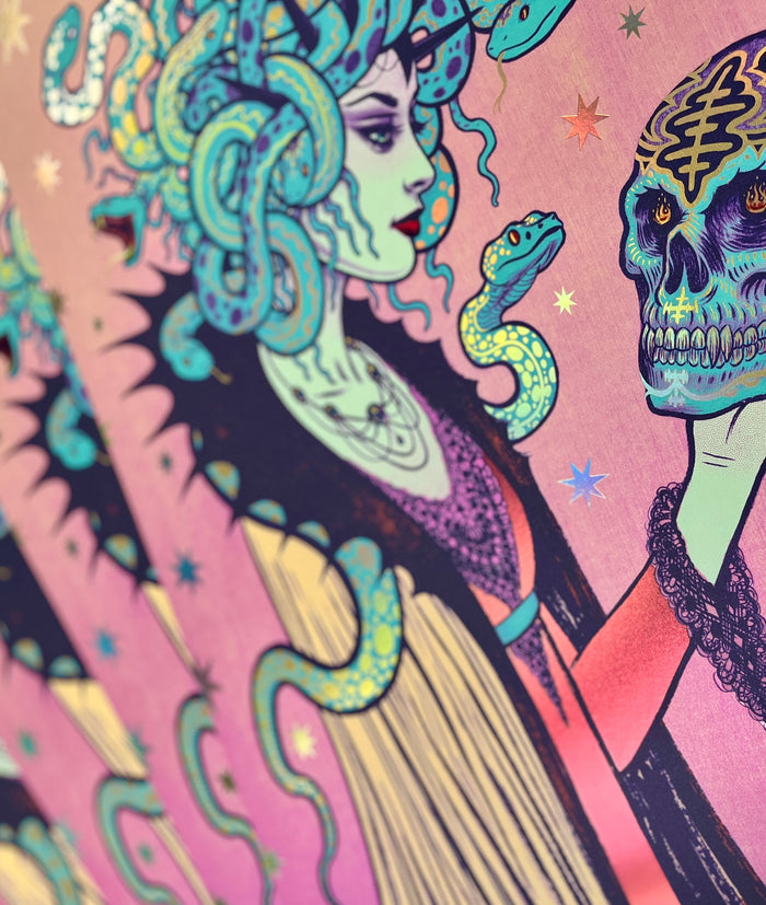 Artistic print featuring a character resembling the mythological figure Medusa, with elements of fantasy including snake-like figures and vibrant colors against a pink background.
