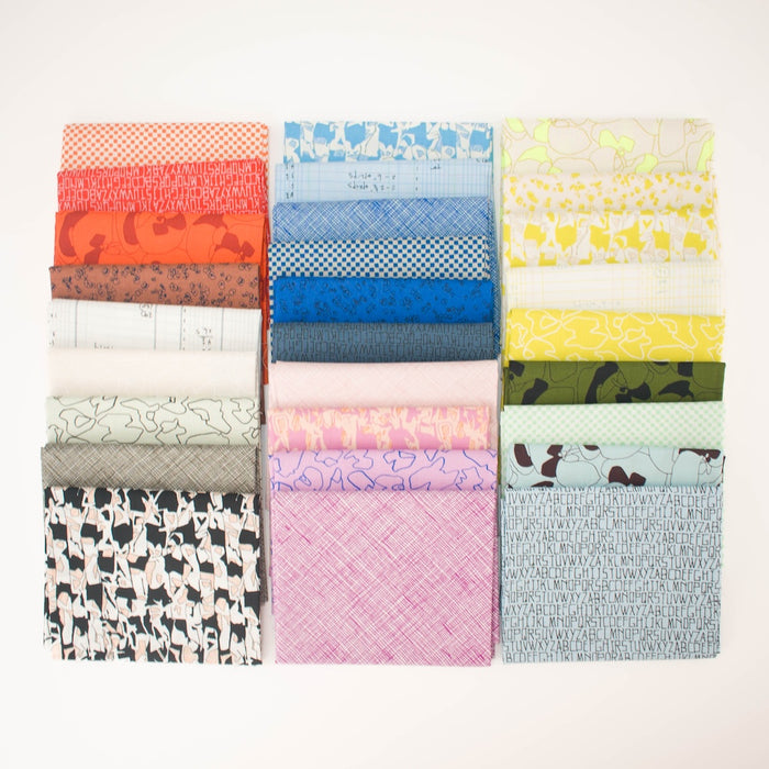 A set of 28 folded fabric squares arranged in a 3 rows, featuring various colorful patterns including abstract prints, checkered designs, and low volume designs, on a plain white background.