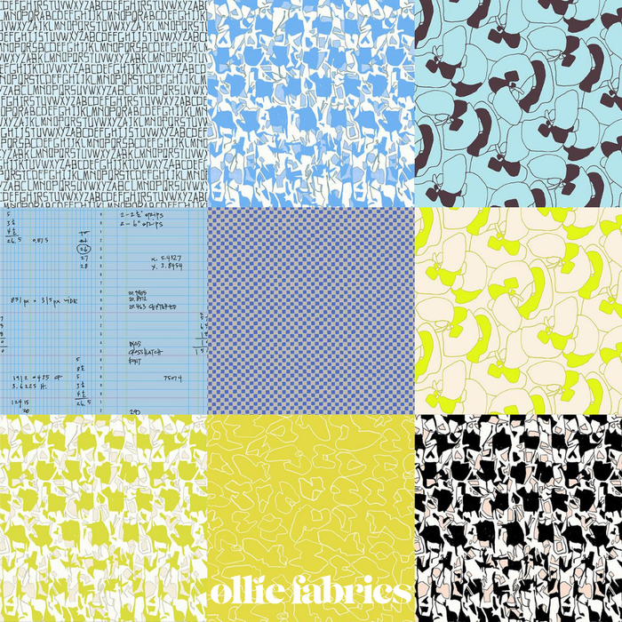 A 3x3 grid of fabric swatches with various patterns including hand-drawn figures, mathematical equations, grid lines, and abstract shapes in multiple colors like blue, yellow, black, and white.