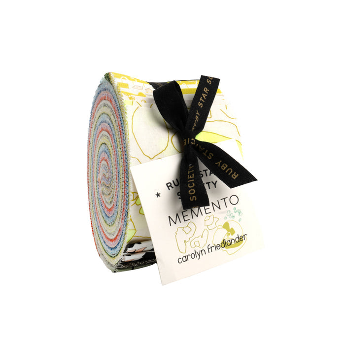 2.5" strips of fabric from the Memento collection, rolled into a jelly roll with a black ribbon and tag on a white background