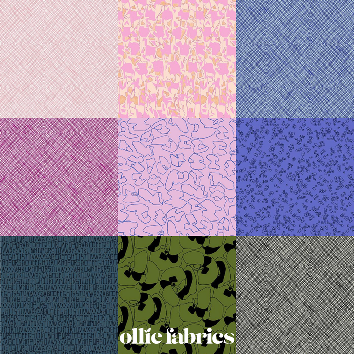 A 3x3 grid of fabric swatches in various colors and patterns, including pink, blue, purple, navy, olive green, and gray, with the text 'ollie fabrics' at the bottom.