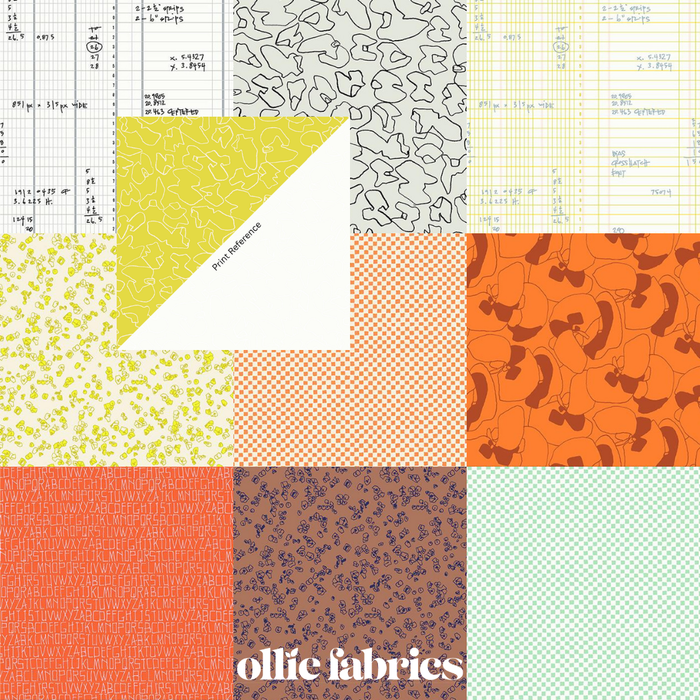 A 3x3 grid of fabric swatches with various patterns including grids, doodles, florals, and abstract shapes in orange, brown, green, yellow, and white. The bottom center swatch is light green with the text 'ollie fabrics' printed on it.