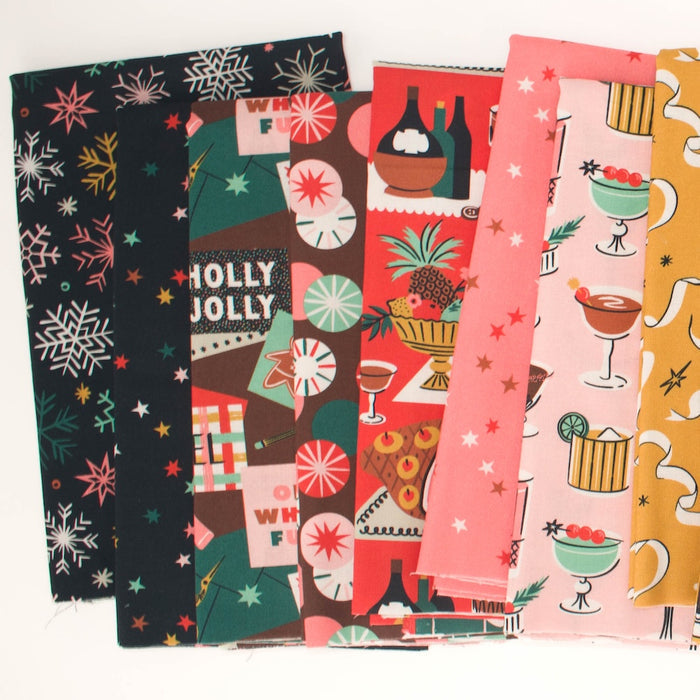 A set of eight patterned fabrics fanned out on a white background, featuring holiday and cocktail-themed designs in pink, red, green, black, and yellow.