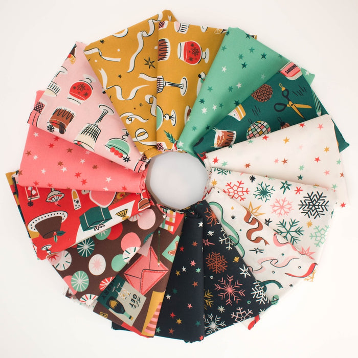 A circular arrangement of multiple fabrics in different colors and patterns, including pink, mustard yellow, mint green, teal, cream, red, brown, and black, all featuring vintage inspired holiday illustrations, such as snowflakes, cocktails, stars, desserts, & ornaments, displayed on a white background.