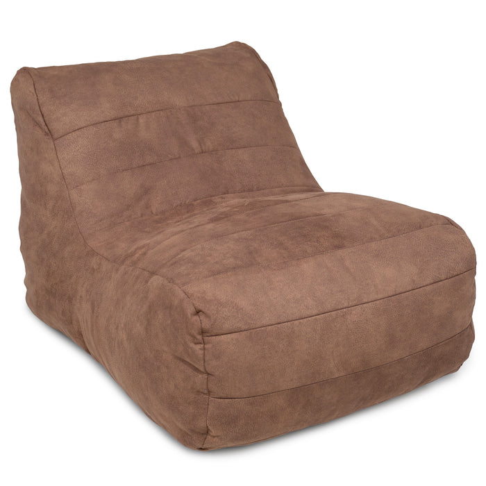 A brown suede-like fabric bean bag chair with a high back and curved seat, shown on a plain white background. #color_chestnut-vegan-suede
