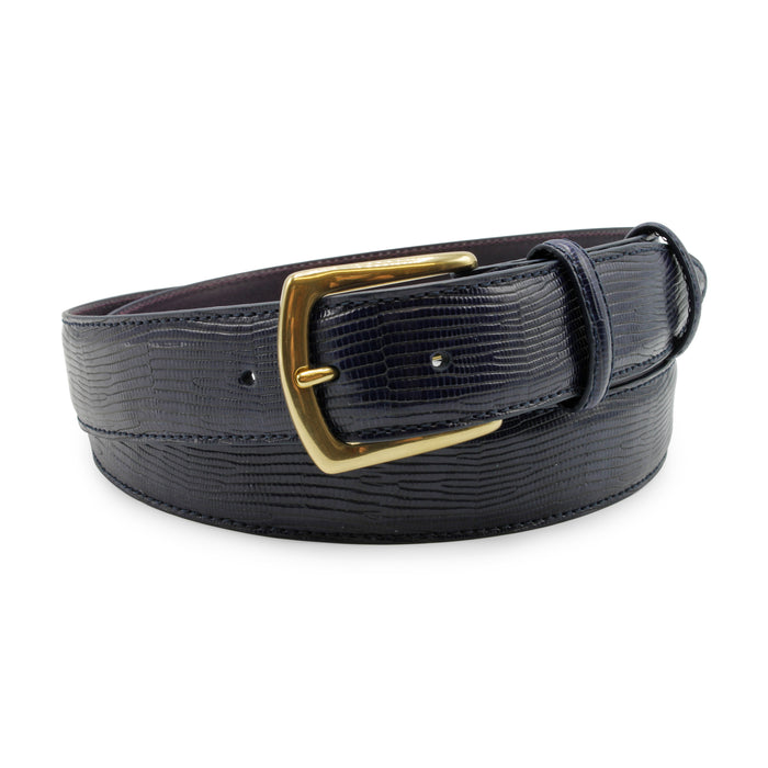 Blue Navy Lucertola Gold Prong leather belt - Elliot Rhodes
