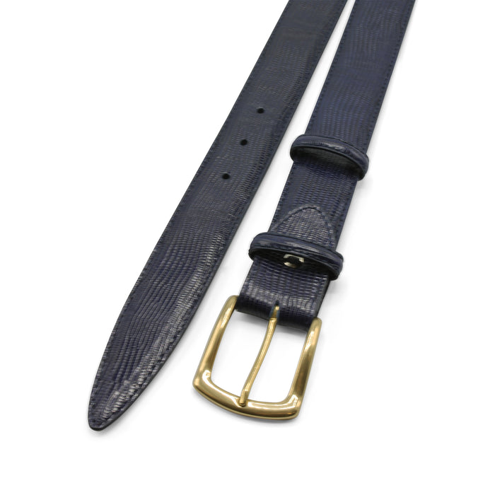 Blue Navy Lucertola Gold Prong leather belt - Elliot Rhodes