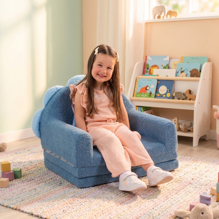 A young girl with long brown hair sits smiling in a cozy, colorful children's room on a small blue plush armchair. She is wearing a light peach-pink two-piece pajama set. #style_blue-dinosaur