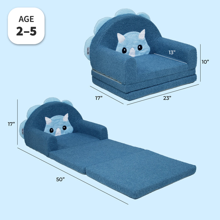 Blue pet bed shown in two configurations: as a small armchair with a cat face on the backrest and as a flat fold-out mat. The image includes dimension labels and an 'AGE 2-5' badge on a light blue background. #style_blue-dinosaur