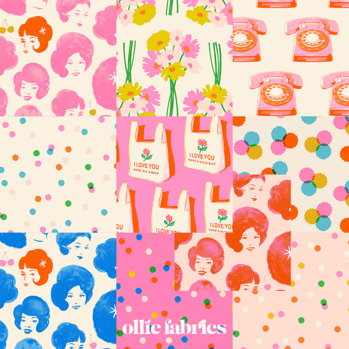 A 3x3 grid of fabric swatches featuring retro patterns including portraits of women with pink and blue hair, yellow flowers, pink rotary phones, colorful polka dots, and shopping bags with 'I LOVE YOU' text.
