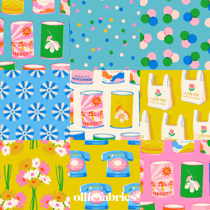 A collage of colorful fabric pattern swatches featuring retro 1960s-style designs, including polka dots, floral motifs, retro telephones, shopping bags, and cans with the text 'FEROCITY!' and 'I LOVE YOU'.