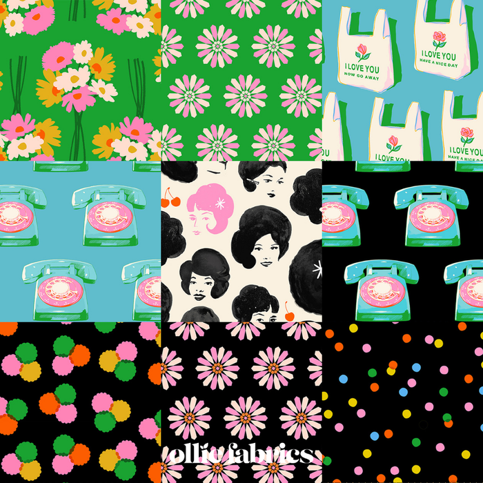 A collage of nine fabric pattern swatches featuring retro floral, polka dot, rotary phone, and portrait motifs in bright colors.
