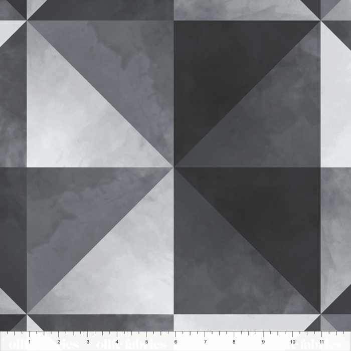 Geometric pattern with black and gray triangles on a checkered background