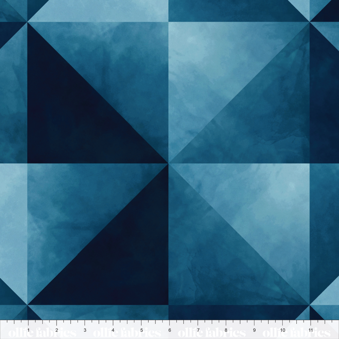 Geometric pattern with blue triangles on fabric