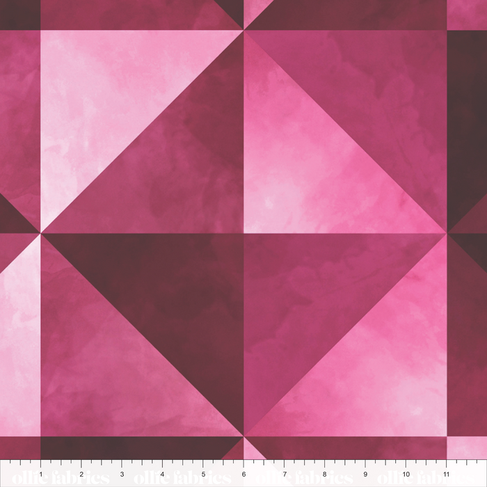 Geometric pattern with pink and purple triangles on a fabric swatch