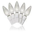Standard C6, LED, warm white, faceted lens, 200 lights, white wire, 22 gauge 4", spacing 67' long