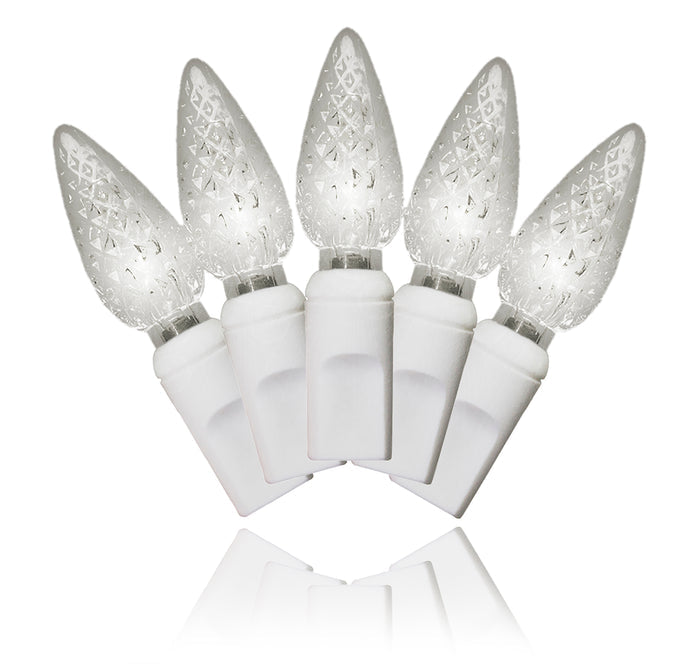 Standard C6, LED, warm white, faceted lens, 200 lights, white wire, 22 gauge 4", spacing 67' long
