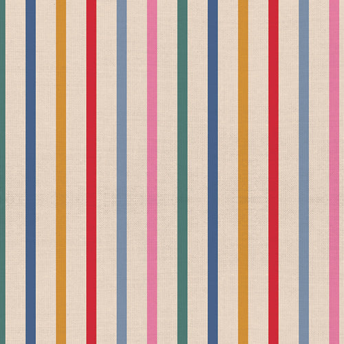 Multicolored striped pattern on a textured beige fabric background
