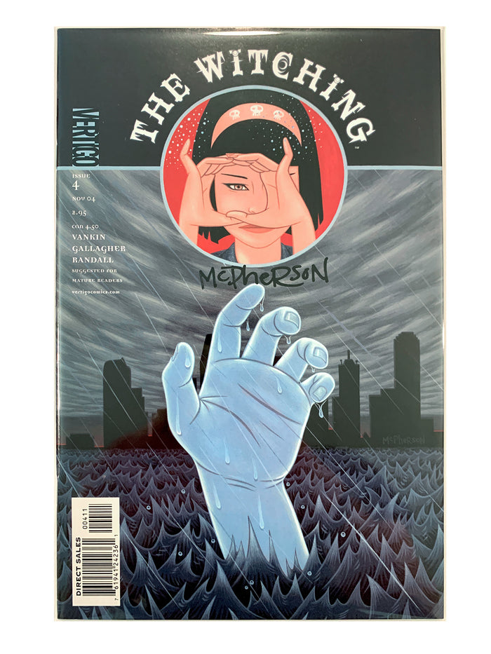 The Witching #4 comic book cover featuring a large pale blue hand rising from a field of thorns, with a circular illustration of a woman's face at the top and the title 'The Witching' in white text. Signed by Tara McPherson