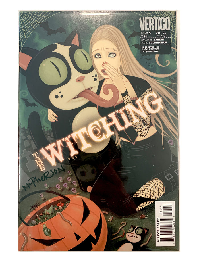 A comic book cover for Vertigo's 'The Witching' issue, featuring a stylized illustration of a woman with long blonde hair, a black cat with green eyes, a pumpkin, and the title 'The Witching' in large diagonal letters. Signed by Tara McPherson