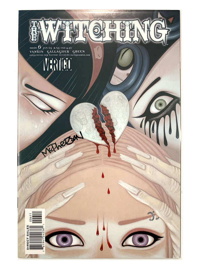 The Witching comic book cover from Marvel, featuring stylized illustrated faces, a cracked white heart with red blood, and the title 'The Witching' at the top. Signed by Tara McPherson